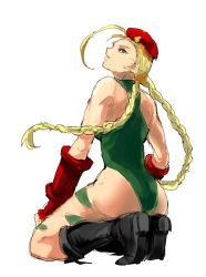 Rule 34 | 1girl, 80yakky, ass, bare shoulders, blonde hair, blue eyes, bodypaint, boots, braid, cammy white, camouflage, capcom, from behind, gloves, hairline, halterneck, knee boots, kneeling, leotard, long hair, looking at viewer, simple background, solo, street fighter, twin braids, white background