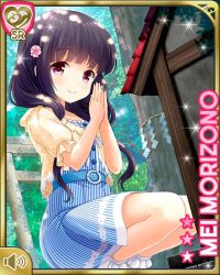 1girl, amber eyes, black hair, blue dress, card (medium), closed mouth, day, dress, girlfriend (kari), hair ornament, hands together, kneeling, low twintails, morizono mei, official art, outdoors, qp:flapper, shirt, shoes, skirt, smile, socks, solo, striped, striped dress, twintails, yellow shirt