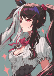 Rule 34 | 1girl, absurdres, black hair, bow, bowtie, breasts, cleavage, dress, frilled dress, frills, from side, highres, long hair, looking at viewer, multicolored hair, nijisanji, pinstripe dress, pinstripe pattern, puffy short sleeves, puffy sleeves, red bow, red bowtie, red eyes, red hair, short sleeves, sidelocks, simple background, solo, sparkle, split-color hair, streaked hair, striped, twintails, two-tone hair, upper body, velceed, virtual youtuber, white dress, white hair, yorumi rena, yorumi rena (1st costume)