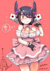 Rule 34 | 2girls, alternate costume, artist name, bare shoulders, black gloves, blush, bow, bowtie, breasts, brown eyes, cosplay, cowboy shot, dated, detached sleeves, di gi charat, dice, dress, eyepatch, fingerless gloves, flying sweatdrops, frilled dress, frills, gloves, hair ornament, headgear, highres, kantai collection, kazuboh, large breasts, multiple girls, pink bow, pink dress, purple hair, red background, short hair, simple background, tatsuta (kancolle), tenryuu (kancolle), usada hikaru, usada hikaru (cosplay), yellow eyes