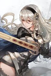 Rule 34 | 1girl, armor, black hairband, blue cape, cape, corrin (fire emblem), fighting stance, fire emblem, fire emblem fates, gloves, hair between eyes, hairband, holding, holding sword, holding weapon, long hair, nijihayashi, nintendo, pointy ears, red eyes, simple background, solo, sword, thighs, weapon, white hair, yato (fire emblem)