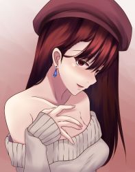 Rule 34 | 1girl, :d, bare shoulders, beret, blush, breasts, brown hair, character request, collarbone, earrings, female focus, gradient background, hair between eyes, hand on breast, hand on own chest, hat, jewelry, lips, long hair, looking at viewer, neck, off-shoulder, off-shoulder sweater, off shoulder, open mouth, original, pink background, red eyes, red hair, sleeves past wrists, smile, solo, sweater, upper body, yamikyon