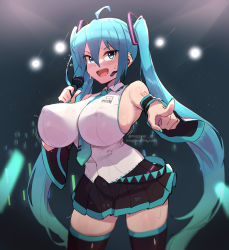 Rule 34 | 1girl, alternate breast size, aqua eyes, aqua hair, aqua necktie, breasts, detached sleeves, hatsune miku, headset, large breasts, long hair, magister, necktie, skirt, sleeveless, solo, twintails, very long hair, vocaloid