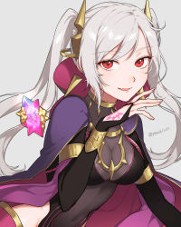 Rule 34 | 1girl, armlet, bodystocking, breasts, bridal gauntlets, cape, cleavage, clothing cutout, collar, commentary request, corruption, covered navel, dark persona, dragonstone, earrings, evil, eyes of grima, fang, fire emblem, fire emblem awakening, fire emblem heroes, floating, floating object, grey background, grima (fire emblem), hair ornament, hand tattoo, high collar, highres, jewelry, large breasts, long hair, looking at viewer, nintendo, official alternate costume, open mouth, peach11 01, possessed, possession, purple cape, red eyes, robin (female) (fire emblem), robin (fire emblem), see-through, see-through cleavage, simple background, skin fang, smile, solo, swept bangs, tattoo, twintails, twitter username, upper body, white hair