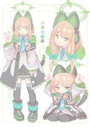 Rule 34 | 1girl, :o, absurdres, animal ear headphones, animal ears, aqua necktie, arms up, black coat, black footwear, black shorts, black thighhighs, blonde hair, blue archive, blunt bangs, blush, boots, bow, cat ear headphones, cat tail, clenched hands, coat, collared shirt, color guide, cropped shoulders, dress shirt, fake animal ears, fake tail, green background, green bow, green coat, green eyes, hair bow, halo, headphones, highres, hood, hood down, hooded coat, long sleeves, looking at viewer, low-tied sidelocks, lumi snowfall, midori (blue archive), multicolored coat, multiple hair bows, multiple views, necktie, open clothes, open coat, open mouth, raised fists, seiza, shirt, short hair with long locks, shorts, sitting, tail, thighhighs, two-tone background, v, white background, white coat, white shirt