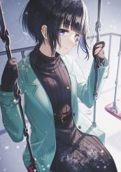 Rule 34 | 1girl, absurdres, aqua jacket, belt, belt buckle, black dress, black hair, blunt bangs, blush, buckle, closed mouth, dress, highres, idolmaster, idolmaster cinderella girls, jacket, long sleeves, looking at viewer, mairo, open clothes, open jacket, outdoors, purple eyes, shirayuki chiyo, short hair, signature, sitting, sleeves past wrists, smile, snowing, solo, striped clothes, striped dress, swing, unbuttoned, vertical-striped clothes, vertical-striped dress, winter
