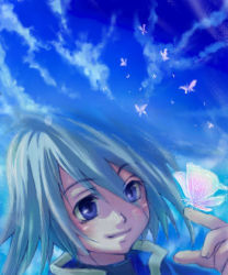 Rule 34 | 00s, 1boy, blue background, blue eyes, bug, butterfly, cloud, genius sage, bug, lowres, male focus, silver hair, sky, solo, tales of (series), tales of symphonia