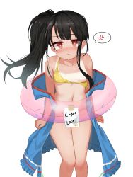 Rule 34 | 1girl, anger vein, bad id, bad pixiv id, bare shoulders, bikini, bikini pull, bikini top only, black hair, blue jacket, blush, breasts, brown eyes, c-ms (girls&#039; frontline), character name, clothes pull, collarbone, commentary, convenient censoring, english commentary, ginka (gink a), girls&#039; frontline, groin, hair censor, hair over breasts, hair over one breast, highres, innertube, jacket, looking at viewer, navel, nose blush, o-ring, o-ring bikini, o-ring top, off shoulder, official alternate costume, one-piece tan, parted lips, polka dot, polka dot bikini, polka dot bikini top, side ponytail, sidelocks, simple background, small breasts, solo, spoken anger vein, swim ring, swimsuit, tan, tanline, tape, transparent, white background, yellow bikini