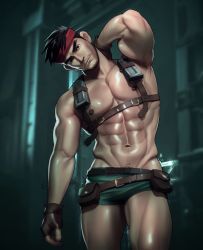 Rule 34 | 1boy, abs, arm up, armpits, biggs (ff7), final fantasy, final fantasy vii, final fantasy vii remake, highres, looking at viewer, male pubic hair, muscular, muscular male, nerdyart1, nipples, pectorals, pubic hair, square enix, thick thighs, thighhighs, thighs, topless