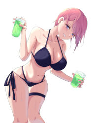 Rule 34 | 1girl, alternate costume, bikini, black bikini, blue eyes, breasts, collarbone, commentary, cup, drinking glass, earrings, go-toubun no hanayome, holding, holding cup, jewelry, large breasts, looking at viewer, nakano ichika, navel, parted lips, pink hair, short hair, side-tie bikini bottom, simple background, smile, solo, stud earrings, sweat, swimsuit, thigh gap, thigh strap, uyufuzi s, white background