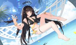 Rule 34 | 1girl, absurdres, alternate costume, arknights, virtuosa (arknights), barefoot, black hair, blue sky, commentary request, feet, glasses, hair between eyes, halo, hammock, highres, looking at viewer, pu ht, sky, swimsuit, toes, water, yellow eyes, yellow nails