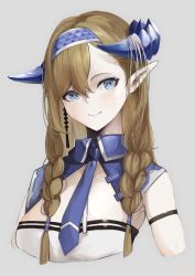 Rule 34 | 1girl, absurdres, arknights, arm strap, bare shoulders, blonde hair, blue eyes, blue hairband, blue necktie, breasts, commentary, cropped torso, female focus, grey background, hair between eyes, hairband, highres, horns, kajuu, large breasts, long hair, looking at viewer, necktie, pointy ears, saileach (arknights), shirt, simple background, smile, solo, strapless, strapless shirt, upper body