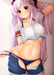 Rule 34 | 1girl, arm up, black bow, blue panties, blush, bow, braid, breasts, collarbone, commentary request, denim, denim shorts, eyes visible through hair, flower, frown, hair bow, hair flower, hair ornament, highres, jeans, light purple hair, long hair, looking at viewer, medium breasts, midriff, minato ojitan, navel, open clothes, open fly, open shorts, original, panties, pants, panty pull, red eyes, red flower, revision, shirt, short shorts, short sleeves, shorts, solo, standing, stomach, straight hair, underwear, very long hair, white shirt