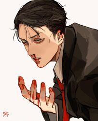 Rule 34 | 1boy, black hair, black jacket, blood, blood on hands, collared shirt, commentary request, fingernails, formal, gegege no kitarou, hair slicked back, highres, jacket, kagoya1219, kitarou tanjou: gegege no nazo, leaning forward, long sleeves, male focus, necktie, nosebleed, notched ear, original, parted lips, red necktie, sanpaku, scar, scar across eye, shirt, short hair, signature, simple background, solo, upper body, white background, white shirt