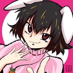 Rule 34 | 1girl, :3, animal ears, black hair, brown eyes, carrot necklace, closed mouth, commentary request, dress, dutch angle, floppy ears, hair between eyes, highres, inaba tewi, index finger raised, jewelry, looking at viewer, medium bangs, necklace, pink background, pink dress, rabbit ears, rabbit girl, ribbon-trimmed dress, shishi (kuroear99), short hair, smile, solo, touhou, two-tone background, upper body, v-shaped eyebrows, white background