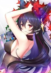 Rule 34 | 1girl, animal ear fluff, animal ears, arms up, bare arms, bare shoulders, black dress, black hair, blush, breasts, closed mouth, commentary request, dated, dress, ear piercing, erune, flower, glint, gradient background, granblue fantasy, grey background, hair between eyes, highres, long hair, medium breasts, nier (granblue fantasy), piercing, pilokey, red eyes, red flower, see-through, signature, sleeveless, sleeveless dress, solo, upper body, veil, very long hair