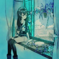 Rule 34 | 1girl, aqua theme, black thighhighs, blouse, blue theme, character doll, crane (machine), cup, curtains, doll, expressionless, feet out of frame, grey neckerchief, hair over shoulder, hanging plant, headgear, highres, holding, holding cup, i-47 (kancolle), indoors, kantai collection, kokudou juunigou, long hair, looking away, looking to the side, neckerchief, plant, planter, potted plant, sailor collar, school swimsuit, see-through, see-through skirt, shirt, sidelocks, sitting, sitting in window, skirt, sleeveless, sleeveless shirt, solo, swimsuit, thighhighs, very long hair, window, windowsill