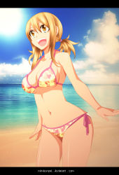 Rule 34 | 1girl, alternate hairstyle, armpits, arms at sides, beach, bikini, blonde hair, breasts, brown eyes, cleavage, cleft of venus, cloud, collarbone, curvy, day, deviantart username, eyelashes, fairy tail, fingernails, floral print, hair between eyes, hand tattoo, happy, highres, large breasts, legs, looking afar, low twintails, lucy heartfilia, mashima hiro, midriff, navel, neck, ocean, open mouth, outdoors, print bikini, recolor, reference work, shiny clothes, shiny skin, short twintails, side-tie bikini bottom, sideboob, sidelocks, sky, smile, solo, standing, summer, sun, sunlight, swimsuit, tattoo, thighs, toenails, toes, twintails, two-tone bikini, underboob, water, yellow bikini