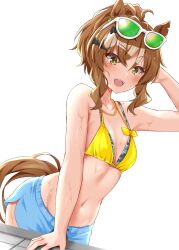 Rule 34 | 1girl, :d, absurdres, ahoge, animal ears, arm up, bare shoulders, bikini, bikini shorts, blue shorts, blush, breasts, brown hair, cleavage, collarbone, commentary request, cowboy shot, ear ornament, earrings, eyewear on head, green-tinted eyewear, groin, hair between eyes, hair ornament, hairclip, highres, horse ears, horse girl, horse tail, jewelry, jungle pocket (tobasuze hot summer!) (umamusume), jungle pocket (umamusume), layered bikini, looking at viewer, medium hair, midriff, navel, notched ear, official alternate costume, official alternate hairstyle, open mouth, ponytail, ryochapu, short shorts, shorts, sidelocks, simple background, single earring, small breasts, smile, solo, standing, sunglasses, swimsuit, tail, teeth, tinted eyewear, umamusume, upper teeth only, wet, white background, yellow bikini, yellow eyes