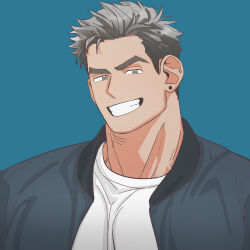 Rule 34 | 1boy, bad link, bara, ear piercing, frown, grey hair, grin, highres, jacket, looking at viewer, male focus, multicolored hair, muscular, muscular male, open clothes, open jacket, original, piercing, profile picture, shirt, short hair, sideburns, smile, solo, takayakaiti (tk049ccn), thick eyebrows, thick neck, two-tone hair, upper body, white shirt