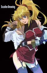 Rule 34 | 1girl, absurdres, banpresto, blonde hair, blouse, blue eyes, breasts, character name, excellen browning, fingerless gloves, garter straps, gloves, high ponytail, highres, jacket, long hair, looking at viewer, medium breasts, miniskirt, open clothes, open shirt, ponytail, shirt, side slit, simple background, skirt, solo, super robot wars, super robot wars original generation, thighhighs, third-party edit