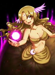 Rule 34 | 1girl, adapted costume, blonde hair, bra, breasts, cleavage, collarbone, commentary request, eyelashes, feathered wings, happy, head wings, highres, kikuri (touhou), large breasts, long hair, midriff, navel, one eye closed, open mouth, sarong, stomach, strapless, touhou, touhou (pc-98), tube top, underwear, upper body, very long hair, via-lattea, wavy hair, white wings, wings, yellow bra, yellow eyes, yellow sarong