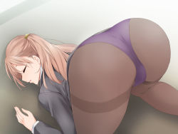 Rule 34 | 1girl, ass, blush, closed eyes, drugged, female focus, floor, formal, from behind, grey suit, groin, highres, indoors, kaiga, legs, legs apart, light blush, light brown hair, medium hair, nose blush, office lady, one side up, original, panties, panties under pantyhose, pantyhose, parted lips, purple panties, sleeping, solo, suit, thighs, top-down bottom-up, underwear