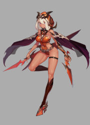 Rule 34 | 1girl, absurdres, bare shoulders, black legwear, breasts, cape, closed mouth, dark-skinned female, dark skin, dual wielding, full body, highres, holding, holding weapon, hood, large breasts, leotard, looking at viewer, medium hair, original, purple eyes, revealing clothes, shiny skin, skin tight, skindentation, smile, solo, thigh strap, ttt (titatuem), wavy hair, weapon, white hair