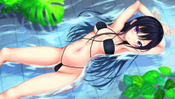 Rule 34 | 1girl, armpits, arms up, bare arms, bikini, black bikini, black hair, breasts, cleavage, collarbone, commentary request, criss-cross halter, crossed wrists, feet out of frame, from above, gluteal fold, halterneck, highres, kurokami (kurokaminohito), kurono mika, long hair, looking at viewer, lying, medium breasts, nail polish, navel, on back, original, parted lips, purple eyes, shallow water, smile, solo, stomach, swimsuit, underboob, untied bikini, water