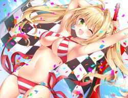 Rule 34 | 1girl, ;d, aestus estus, ahoge, armpits, arms up, bikini, blonde hair, blue sky, blurry, blush, breasts, checkered flag, cleavage, cloud, cloudy sky, confetti, criss-cross halter, day, depth of field, dutch angle, fate/grand order, fate (series), flag, floating hair, green eyes, hair between eyes, hair intakes, halterneck, holding, holding sword, holding weapon, large breasts, long hair, looking at viewer, navel, nero claudius (fate), nero claudius (fate) (all), nero claudius (swimsuit caster) (fate), nogi takayoshi, one eye closed, open mouth, outdoors, red bikini, side-tie bikini bottom, sky, smile, solo, striped bikini, striped clothes, swimsuit, sword, thighs, tsurime, twintails, weapon, white bikini