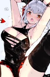 Rule 34 | 1girl, ambience synesthesia, anger vein, arknights, armpits, arms up, black gloves, black leotard, black thighhighs, blush, breasts, cleavage, demon girl, demon horns, demon tail, fang, gloves, grey hair, highres, horns, kyuu (plastic night q), large breasts, leotard, looking at viewer, official alternate costume, open mouth, orange eyes, short hair, sitting, skin fang, solo, speech bubble, spoken anger vein, spread legs, sweat, tail, thighhighs, v-shaped eyebrows, w (arknights), w (wanted) (arknights)