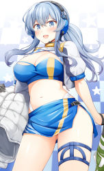 Rule 34 | 1girl, bandeau, black gloves, blue bandeau, blue eyes, blue hair, blue skirt, blush, breasts, cleavage, cowboy shot, cropped jacket, gloves, gotland (kancolle), hair between eyes, headphones, highres, jacket, kantai collection, large breasts, long hair, mole, mole under eye, open mouth, race queen, rui shi (rayze ray), short sleeves, skirt, smile, solo, umbrella, white jacket