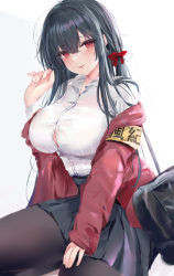 Rule 34 | 1girl, absurdres, armband, azur lane, bag, black bow, black bowtie, black hair, black pantyhose, black skirt, blush, bow, bowtie, breasts, brown pantyhose, button gap, collared shirt, hair between eyes, hair bow, hand up, highres, jacket, large breasts, long hair, long sleeves, looking at viewer, loose bowtie, lshiki, off shoulder, official alternate costume, pantyhose, parted lips, pleated skirt, red bow, red eyes, red jacket, school bag, school uniform, shirt, shirt tucked in, shoulder bag, skirt, smile, solo, taihou (azur lane), taihou (sweet time after school) (azur lane), white shirt, yellow armband
