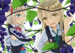 Rule 34 | 2girls, alice margatroid, arm up, bad id, bad pixiv id, black vest, blonde hair, blue dress, blue eyes, blurry, braid, capelet, commentary request, day, depth of field, dress, food, from side, fruit, grape vine, grapes, green ribbon, hairband, hat, hat hug, unworn hat, unworn headwear, holding, holding clothes, holding food, holding fruit, holding hat, kirisame marisa, leaning to the side, long hair, long sleeves, looking at another, looking at viewer, multiple girls, neck ribbon, open mouth, outdoors, ribbon, sash, shirt, short hair, single braid, sleeves pushed up, smile, teeth, touhou, tsuno no hito, upper body, upper teeth only, vest, white capelet, white shirt, yellow eyes