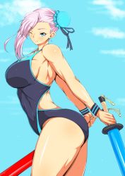 Rule 34 | 1girl, breasts, donson, fate/grand order, fate (series), large breasts, miyamoto musashi (fate), pink hair, smile, solo, swimsuit