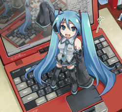 Rule 34 | 1girl, blue eyes, blue hair, brand name imitation, computer, hatsune miku, keyboard (computer), laptop, long hair, maruto!, matching hair/eyes, mini person, minigirl, revision, smile, solo, standing, thighhighs, twintails, very long hair, vocaloid