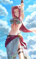 Rule 34 | 1girl, arm up, arms up, breasts, cleavage, day, flower, hair flower, hair intakes, hair ornament, highres, long hair, medium breasts, navel, princess connect!, red hair, ruka (princess connect!), ruka (summer) (princess connect!), seigaiha, solo, sonchi, split mouth, standing