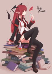 Rule 34 | 1girl, absurdres, ahoge, alternate costume, bat wings, beaker, belt, black thighhighs, book, book stack, commentary request, demon tail, earrings, full body, garter straps, hair ornament, hairclip, head wings, heart, highres, jewelry, koakuma, leg up, loafers, long hair, long sleeves, looking at viewer, looking to the side, low wings, necktie, ookami ruria, open book, pink background, pointy ears, red eyes, red hair, red necktie, shoes, sidelocks, sideways mouth, simple background, sitting, sitting on books, skirt, smile, solo, tail, test tube, thighhighs, too many, too many books, touhou, u304au304au304bu307fu308bu308au3042, very long hair, vest, wings, zettai ryouiki