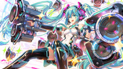 Rule 34 | 1girl, aqua eyes, aqua hair, aqua necktie, black thighhighs, boots, breasts, cleavage cutout, clothing cutout, detached sleeves, hatsune miku, headset, highres, long hair, looking at viewer, medium breasts, necktie, open mouth, pinakes, shiny clothes, solo, thigh boots, thighhighs, twintails, very long hair, vocaloid