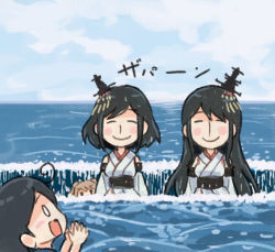 Rule 34 | 4girls, ahoge, blue sky, closed eyes, cloud, comic, day, detached sleeves, fusou (kancolle), hair ornament, japanese clothes, kantai collection, long hair, long sleeves, michishio (kancolle), multiple girls, nontraditional miko, obi, ocean, open mouth, own hands together, saiguchi otoufu, sash, short hair, sidelocks, sky, smile, surprised, ushio (kancolle), waterfall hole, whirlpool, wide sleeves, yamashiro (kancolle)