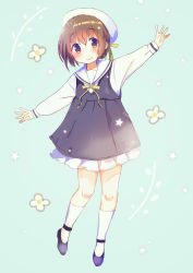 Rule 34 | 1girl, blush, bow, brown eyes, brown hair, character request, copyright request, dress, flats, flower (symbol), full body, green background, hair between eyes, hat, hat bow, highres, kneehighs, long sleeves, looking at viewer, outstretched arms, sailor collar, sailor dress, school uniform, serafuku, short hair, sidelocks, simple background, smile, socks, solo, tatsunokosso, white socks