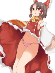 Rule 34 | 1girl, ascot, benikurage (cookie), blush, bow, brown eyes, brown hair, clothes lift, cookie (touhou), detached sleeves, dress, dress lift, feet out of frame, frilled bow, frills, hair bow, hakurei reimu, highres, looking afar, navel, open mouth, orange scarf, panties, parted bangs, pink panties, red bow, red dress, scarf, short hair, simple background, sleeveless, sleeveless dress, solo, touhou, underwear, white background, white sleeves, wind, wind lift, yellow ascot, yellow scarf, yumekamaborosh