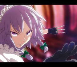 Rule 34 | 1girl, anime coloring, between fingers, braid, female focus, fighting stance, gloves, holding, izayoi sakuya, knife, letterboxed, light purple hair, maid, maid headdress, nazo kichi, pink eyes, purple hair, serious, short hair, solo, throwing knife, touhou, tsurime, twin braids, weapon
