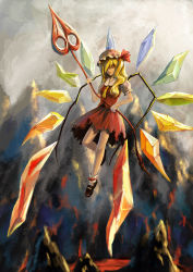Rule 34 | 1girl, aako, ascot, blonde hair, blouse, embodiment of scarlet devil, female focus, flandre scarlet, gradient background, hair over one eye, hair ribbon, hat, highres, laevatein, long hair, mary janes, red eyes, ribbon, shirt, shoes, side ponytail, skirt, solo, torn clothes, torn skirt, touhou, vest, wings