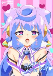 Rule 34 | 1boy, androgynous, bare shoulders, blue eyes, blue hair, blush, cum, cum in mouth, detached collar, gradient hair, hacka doll, hacka doll 3, happy white day, heart, heart-shaped pupils, highres, light blue hair, light purple hair, long hair, looking at viewer, male focus, marumaru uhuhu, multicolored hair, off shoulder, open mouth, solo, suggestive fluid, symbol-shaped pupils, trap, white day