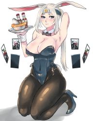 Rule 34 | 1girl, animal ears, arm up, armpits, azur lane, bare shoulders, black bow, black bowtie, black pantyhose, blue eyes, blue footwear, blue leotard, blush, bow, bowtie, breasts, character request, cleavage, copyright request, detached collar, embarrassed, fake animal ears, fish, food, food request, full body, high heels, highres, holding, holding tray, impossible clothes, impossible leotard, kneeling, large breasts, leotard, long hair, looking at viewer, navel, nose blush, original, outline, pantyhose, panzer (p.z), pink lips, playboy bunny, ponytail, rabbit ears, rabbit tail, shiny clothes, silver hair, soda bottle, solo, tail, thick thighs, thighs, tray, wide hips, wrist cuffs