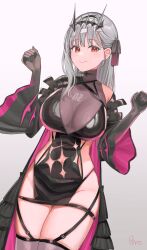 Rule 34 | 1girl, artist name, black dress, black gloves, black ribbon, black thighhighs, breasts, cleavage, closed mouth, clothing cutout, detached sleeves, diadem, dress, gloves, goddess of victory: nikke, grey hair, hair ribbon, large breasts, long hair, looking at viewer, marian (nikke), modernia (nikke), modernia (second affection) (nikke), navel cutout, peroinnu, red eyes, ribbon, see-through, see-through cleavage, smile, solo, thighhighs, thighs, weapon, wide sleeves