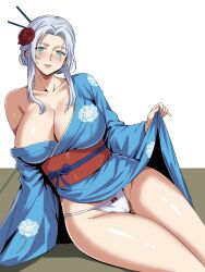 1girl blue_eyes blue_kimono bow bow_panties breasts cleavage final_fantasy final_fantasy_xiv jamjamstyle japanese_clothes kimono large_breasts panties solo underwear venat_(ff14) white_hair white_panties