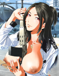 Rule 34 | 1girl, absurdres, aircraft, assault rifle, between breasts, black hair, blouse, blush, breasts, breasts out, comic milf, dark areolae, dog tags, gun, helicopter, highres, howa type 89, jewelry, long hair, looking at viewer, mature female, medium breasts, military, military uniform, mole, mole on breast, mole on breasts, nipples, open clothes, open shirt, original, outdoors, parted bangs, red eyes, rifle, ring, schelz, sexually suggestive, shiny skin, shirt, solo, uniform, upper body, weapon, wedding band, wedding ring