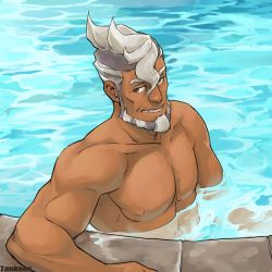 Rule 34 | 1boy, ace attorney, artist name, beard, damon gant, dark-skinned male, dark skin, facial hair, grey hair, looking at viewer, male focus, multicolored hair, nipples, parted lips, pectorals, solo, swimming, tanken (outofcheeserror), toned, toned male, topless male, two-tone hair, water, white hair